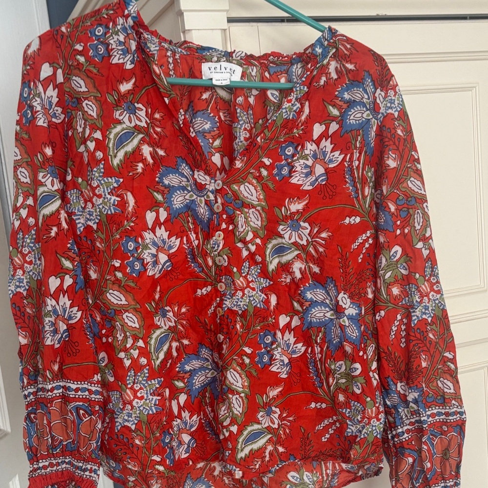 Velvet Heart Red Blouse with Blue Floral Design